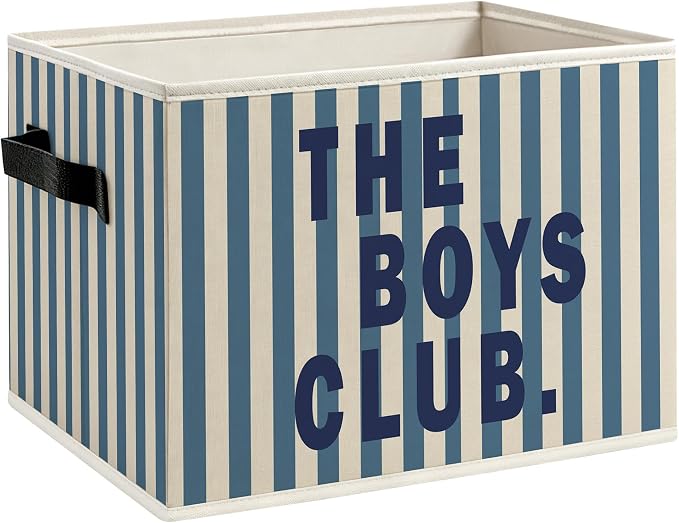 Kids Boy Nursery Playroom Foldable Storage Bins Box with Handles, the Boys Club Blue Striped Decorative Storage Boxes Baskets Toybox Organizer for Kids Boy Nursery Room Bedroom Playroom