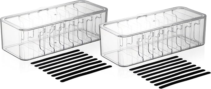 Cord Organizer Box 2 Pack – Clear Cable Organizer with Adjustable Dividers, Fits Up to 10ft Cables, Cord Storage Organizer for Chargers & Tech Accessories – Includes 16 Velcro Ties