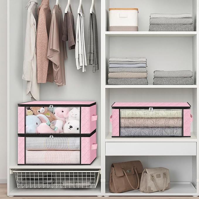 HomeHacks 3-Pack Clothes Organizer Storage Bags, 35L Storage Bins, Pink | Foldable Storage Box Container with Zippers, Clear Window, Reinforced Handles for Closet, Dorm, Pillows, Bedding, Sweater