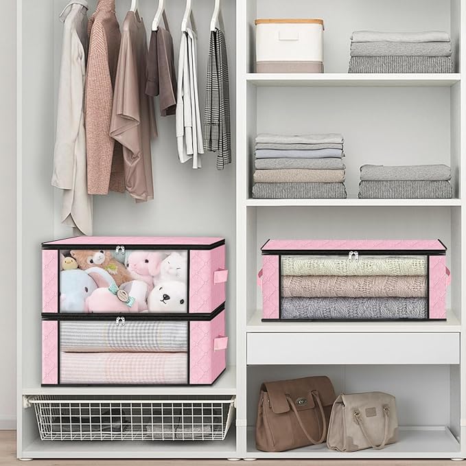 HomeHacks 10-Pack Clothes Organizer Storage Bags, 35L Storage Bins, Pink | Foldable Storage Box Container with Zippers, Clear Window, Reinforced Handles for Closet, Dorm, Pillows, Bedding, Sweater