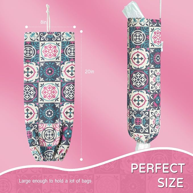 Plastic Bag Holder, Reusable Grocery Bag Holder for Plastic Bags Groceries Store, Flower Canvas Trash Plastic Bag Organizer Storage Holders for Home Kitchen Pantry Decor (Colorful Boho Style)