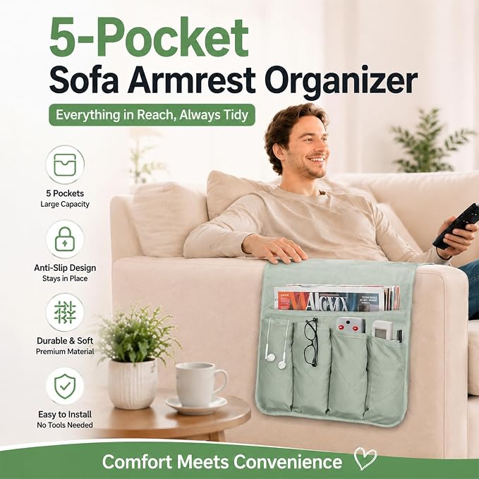 Armchair Caddy for Recliner, Non Slip Sofa Arm Organizer,Light Green | 5-Pocket Recliner Armrest Organizer, Couch Side Storage Holder for Remotes, Cell Phone, Magazines & Tablets, Machine Washable