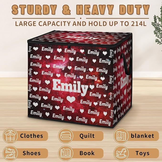 Personalized Name Large Storage Basket with Lid, Canvas Storage Bins Quilt Clothes Organizer for Bedroom, Kitchen, Bathroom, Nursery, Shelves, Closets, Love Heart Red Galaxy