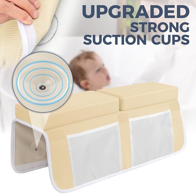 Bath Kneeler and Elbow Rest Pad Set, 1.5” Thick Bathtub Kneeling Mat | Cozy Memory Foam, Non-Slip 6 Suction Cups and 4 Toys Organizer Pockets, Quick-Dry Bath Kneeling Pad for Babies Toddlers