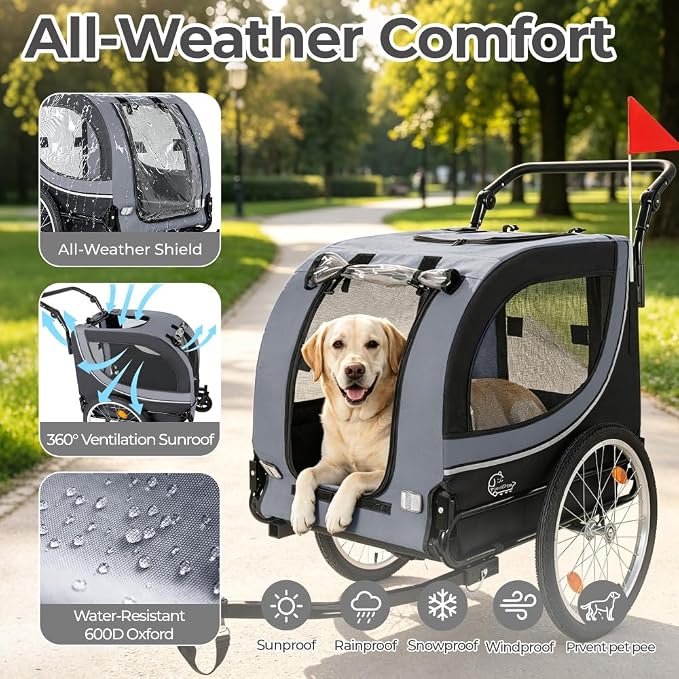 2-in-1 Bike Trailer & Pet Stroller for Dogs up to 100lbs– Foldable Pet Carrier Cart with Two 8'' Front Caster & 20'' Quick Release Air-Filled Wheels
