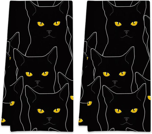 Black Cat Cute Cats Hand Towels,Set of 2 Absorbent Bath Towel Kitchen Dish Towel Home Gym Hotel Bathroom Decor,16x24 Inches