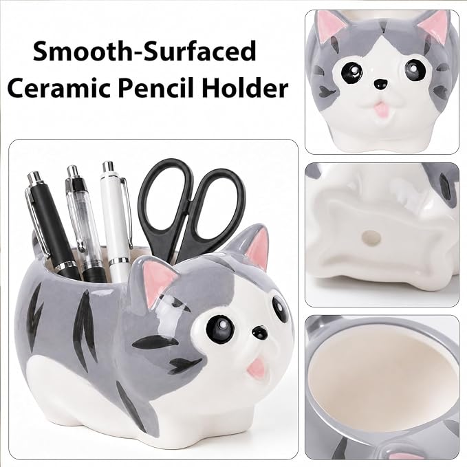 Ceramic Cat Shaped Pen Pencil Holder for Desk Decoration Accessories Cat Decor Makeup Brush Pen Cups Office School Ideal Gifts for Women, Mom or Birthdays