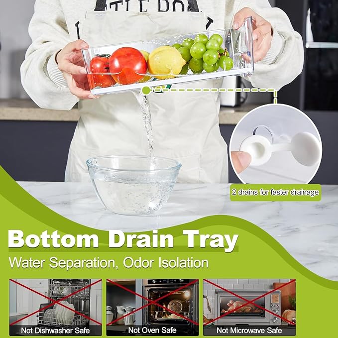 Fruit Storage Container for Fridge with Pull-Out Drawer, Drain Layer | 3 Pack, Keeps Fruits and Vegetables Fresh & Dry, Stackable Design, Clear View, Helps Reduce Odors, with Anti-Slip Base