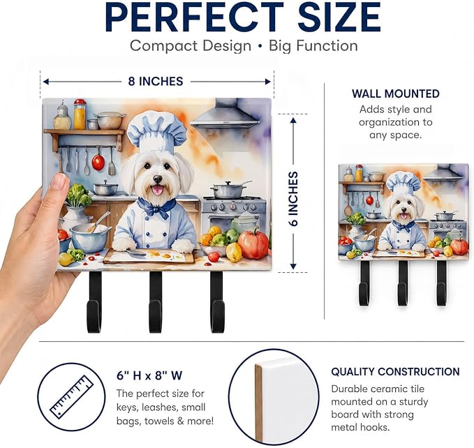 Caroline's Treasures Coton de Tulear The Chef Leash or Key Holder Wall Hooks, Key Hooks Holder, Coat Rack Wall Mount, Coat Hooks, Hooks for Hanging Keys, Towels, Aprons, Leashes | Coton de Tulear The Chef artwork on ceramic tile with three steel hooks ...