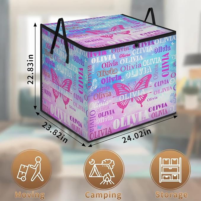 Custom Extra Large Storage Baskets Name with Lid, Butterfly Personalized Storage Bins Basket Boxes Handles for Clothes Blanket Bedroom Closet Organizing Toys Shelves, Painted Blue Pink Background