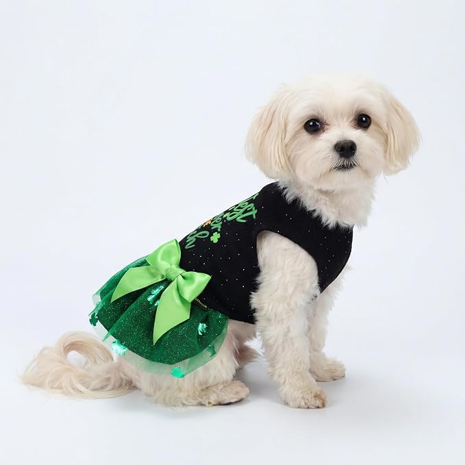 Fitwarm Cutest Clover in the Patch Dog Dress, St Patricks Day Dog Clothes for Small Dogs Girl, Funny Pet Cat Puppy Holiday Outfit, Black, Emerald Green, XXS