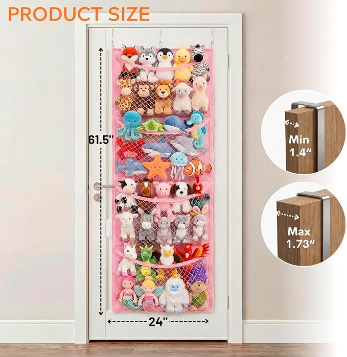 Over The Door Stuffed Animal Storage, Wide, Cotton | Toy Organizer for Storage Plush Toys, Stuffed Animal Holder with 4 Large Pockets, Hanging Door Organizer for Nursery