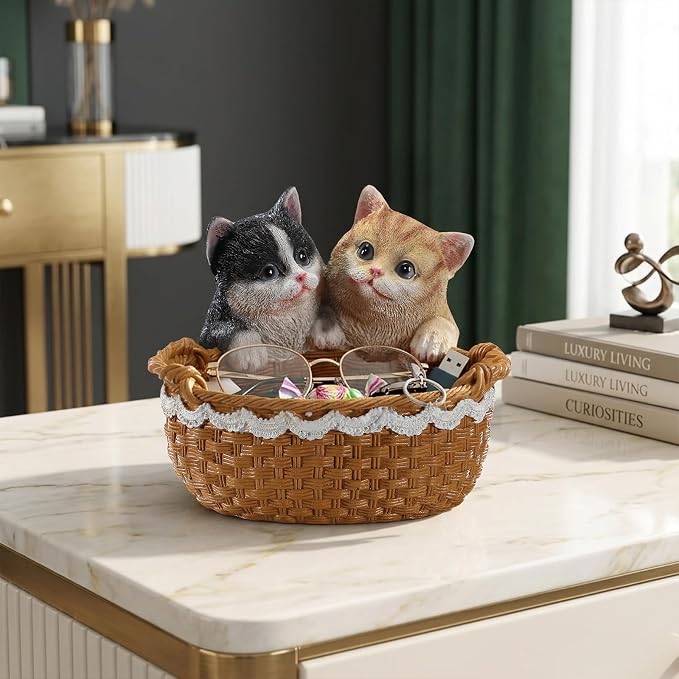 Resin Double Cat Storage Basket, Decorative Catchall Tray for Keys & Candy, Desk Organizer Bowl for Home Office, Room Decor Accessories