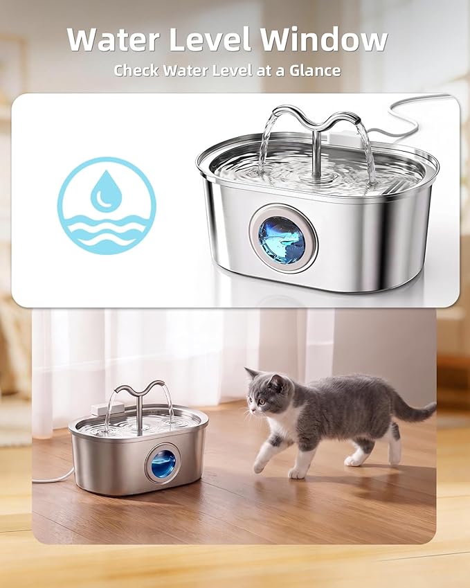 Stainless Steel Cat Water Fountain, 108oz/3.2L Pet Water Fountain for Cats Indoor, with Dual Spouts for Multiple Cats, Ultra-Quiet Automatic Dog Water Dispenser, 3 Replacement Filters Included