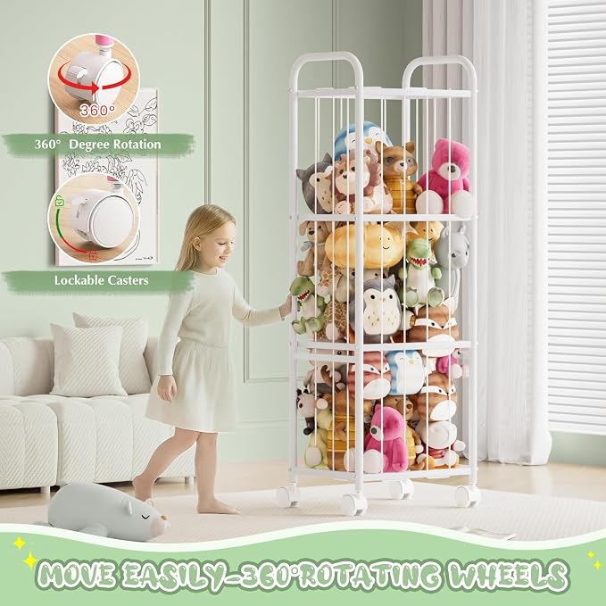 Stuffed Animal Storage Organizer with Wheels for Nursery Playroom | 53.5"x18.1"x13", holds 50+ plushies, sturdy metal frame, 4 casters with 2 brakes, wall anchor included, rounded corners