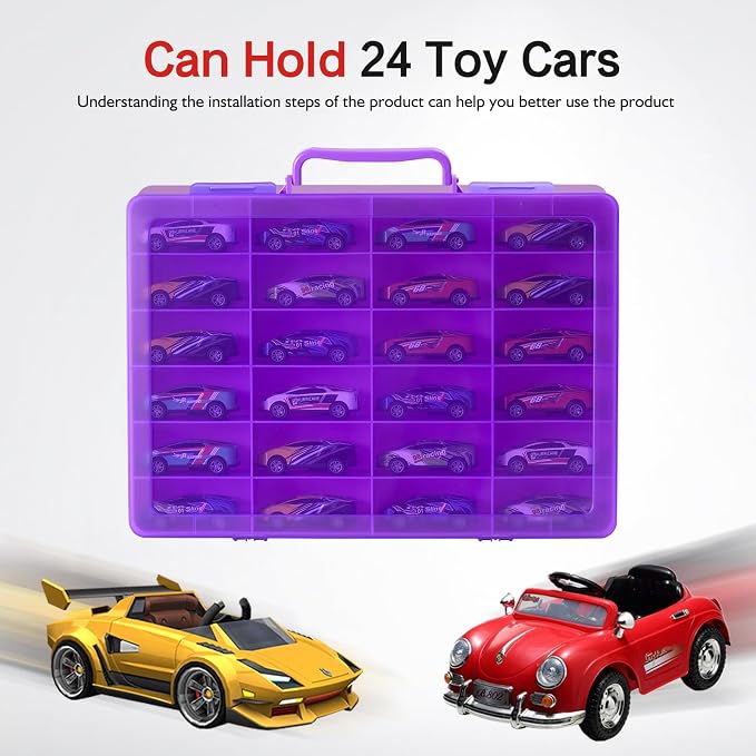Toy Storage Organizer Case for Hot Wheels Car, for Matchbox Cars, for Mini Toys, for Small Dolls. Carrying Box Container Carrier with 24 Compartments (Box Only) (Purple)