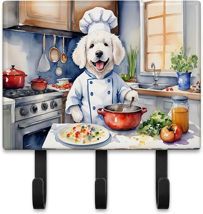 Caroline's Treasures Kuvasz The Chef Leash or Key Holder Wall Hooks, Key Hooks Holder, Coat Rack Wall Mount, Coat Hooks, Hooks for Hanging Keys, Towels, Aprons, Leashes | Kuvasz The Chef artwork on ceramic tile with three steel hooks for keys, leashes,...