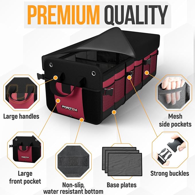 FORTEM Trunk Organizer - Collapsible Car Organizer & Storage Bag for SUVs | Car Accessories for Men & Women, Cooler Bag, Non Slip Bottom, Straps, Soft Cover, 1680D Oxford, 6 Compartments, Red, 90L
