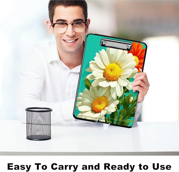Heavy Duty Storage Clipboard, Slim Nursing Clipboard with Internal Pen Case, Portable File Organizer Case for A4 Letter Size Paper Office Medical Professionals, White Daisy