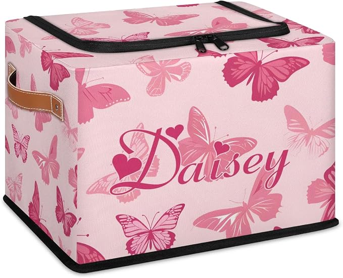 Custom Cute Butterfly Storage-Bin With Zipper Lid for Kids-Girls-Boys-Baby-Pet,Personalized Name Foldable Storage Box with Handle,Baby Basket With Label for Bedroom Nursery Toy Clothes,Pink