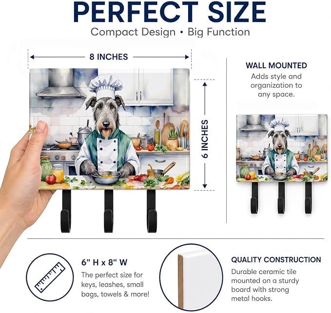 Caroline's Treasures Irish Wolfhound The Chef Leash or Key Holder Wall Hooks, Key Hooks Holder, Coat Rack Wall Mount, Coat Hooks, Hooks for Hanging Keys, Towels, Aprons, Leashes | Irish Wolfhound The Chef artwork on ceramic tile with three steel hooks ...