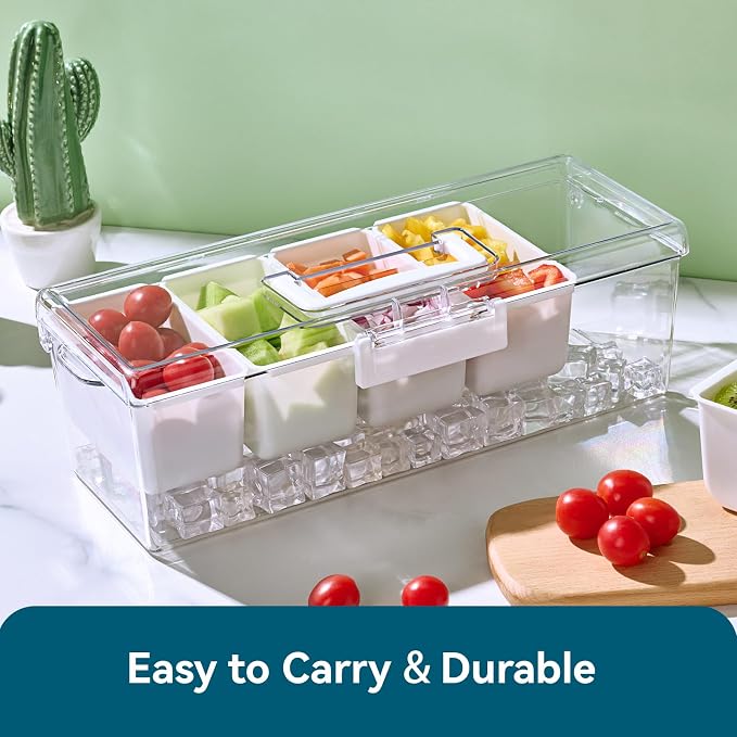 Chilled Condiment Caddy Server with 5 Removable Compartments Containers | Ice Chilled Condiment Tray Organizer, Hidden Handle Design, Garnish Tray Multi-Purpose for Camping, Kitchen, Fruit, Salad