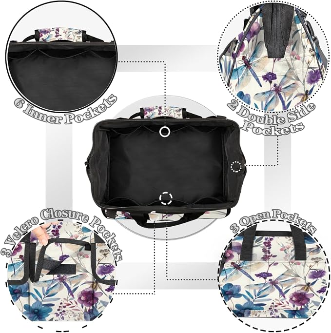 Dragonflies Flower Heavy Duty Tool Bag 14.8 Inch Dragonfly Floral Portable Soft Tool Box Organizer Storage with Adjustable Shoulder Strap