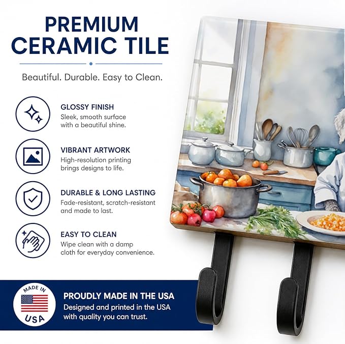 Caroline's Treasures Bedlington Terrier The Chef Leash or Key Holder Wall Hooks, Key Hooks Holder, Coat Rack Wall Mount, Coat Hooks, Hooks for Hanging Keys, Towels, Aprons, Leashes | Bedlington Terrier The Chef artwork on ceramic tile with three steel ...
