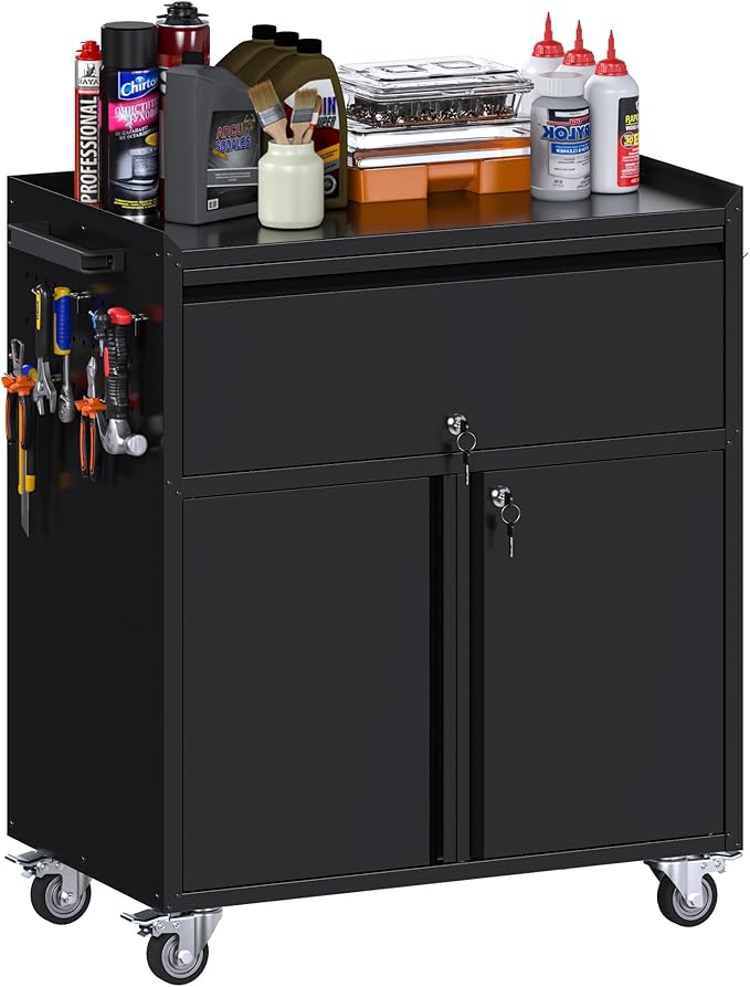 Metal Garage Storage Cabinet with Wheels, Rolling Tool Cabinet with Adjustable Shelf, 1 Drawer and 2 Doors for Tools, Garage,Workshop, Black, Assembly Required