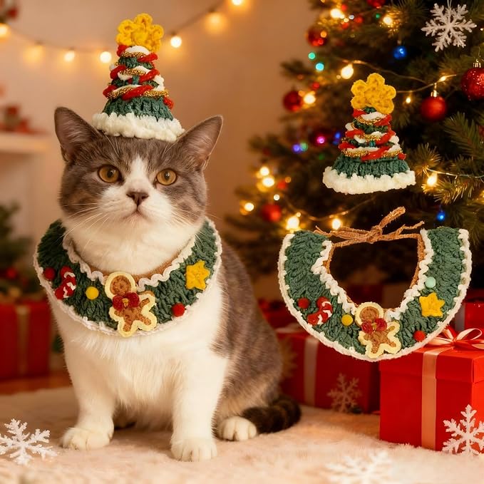 Christmas Dog Costume,Handmade Cat Holiday Outfit with Christmas Tree Hat & Gingerbread Man Scarf Set,Adjustable,Lightweight & Breathable Pet Accessories for Rabbit Xmas Party & Photos