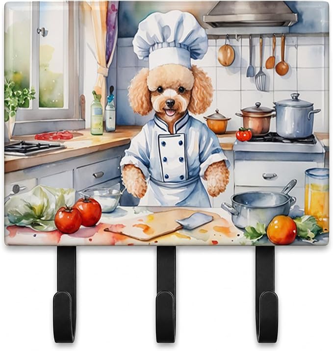 Caroline's Treasures Poodle The Chef Leash or Key Holder Wall Hooks, Key Hooks Holder, Coat Rack Wall Mount, Coat Hooks, Hooks for Hanging Keys, Towels, Aprons, Leashes | Poodle The Chef artwork on ceramic tile with three steel hooks for keys, leashes,...
