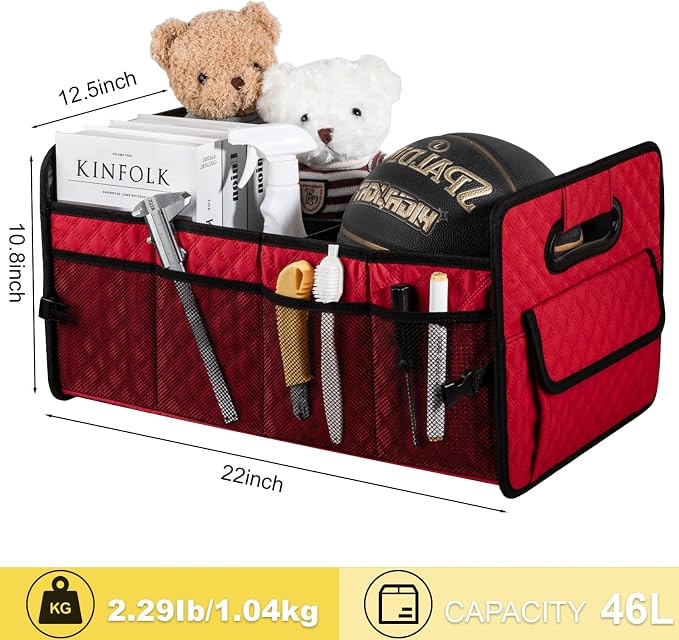 JiatuA Car Trunk Organizer for SUV, Collapsible Car Storage Organizer Red | Sturdy, Large Capacity, Diamond Decor, Multi Compartment Container Box Adjustable Car Accessories for Sedan Truck