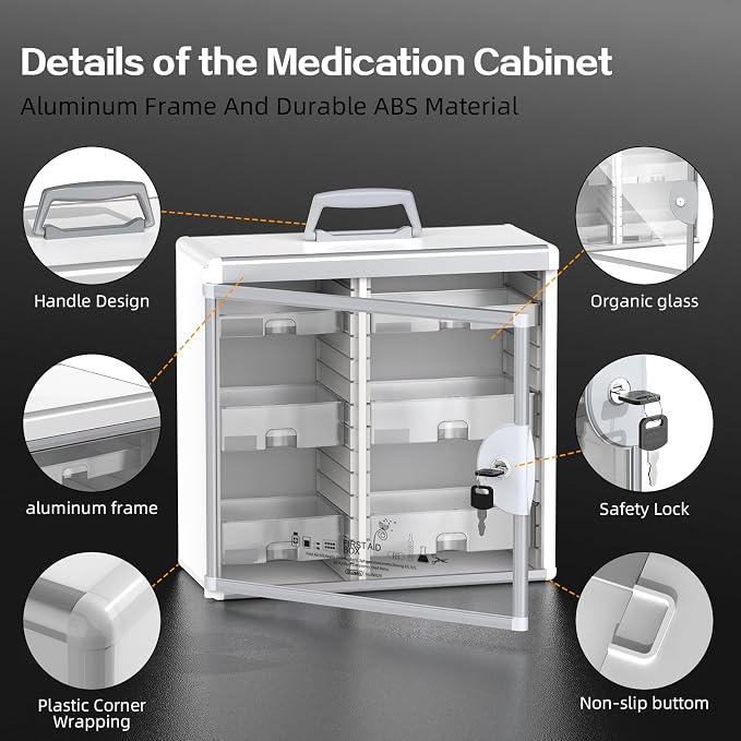 Lockable Medicine Cabinet with 6 Removable Trays, Wall Mounted & Portable Locking Medicine Cabinet Organizer with Key Lock for Home, Bathroom, Office - Aluminum Frame(15.63 * 6.5 * 15.43Inch)