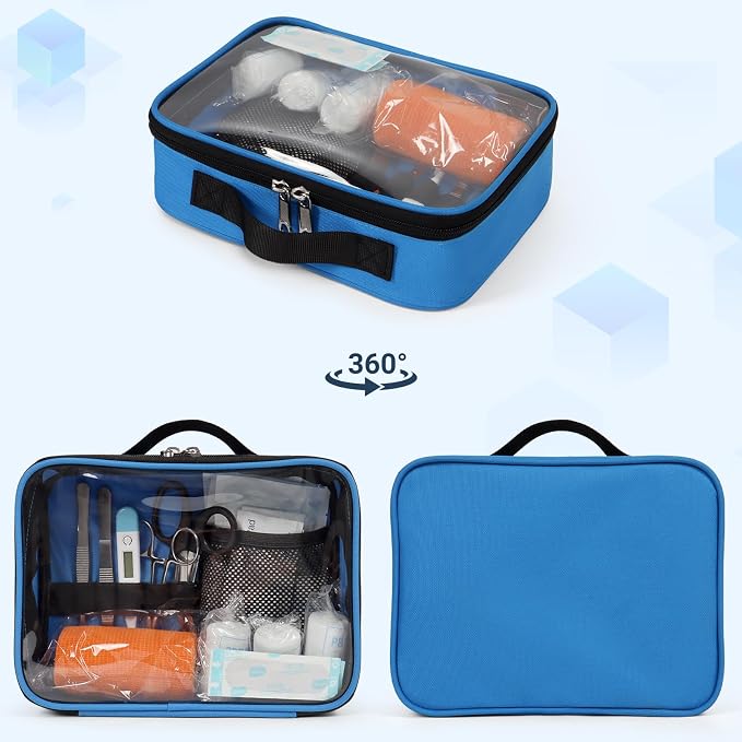 Empty First Aid Bag Clear PVC Waterproof Organizer Pouch Zipper Colored First Aid Kit for EMT Outdoor Travel (Blue)