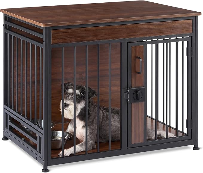 Amazon Basics Furniture Style Dog Crate, Sturdy Wooden Pet Kennel, End Table with Space for Pet, Two Bowls Included, 30" x 20.4" x 23.6", Walnut