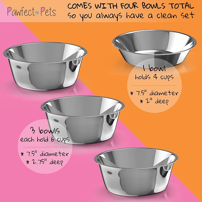 Pawfect Pets 12" Elevated Dog Pet Feeder- Large Raised Dog Bowl Stand- Includes 4 Stainless Steel Bowls (12 Inch)