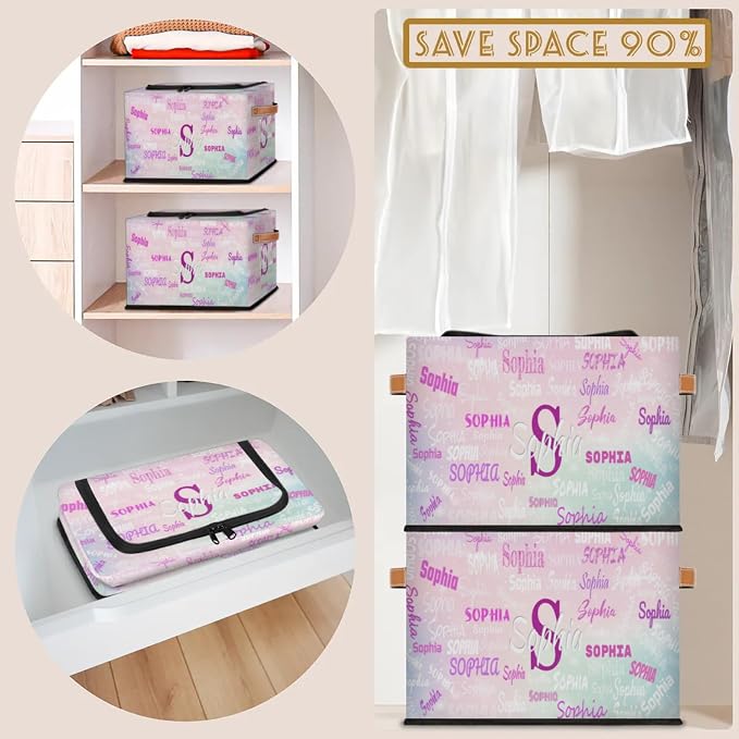 Personalized Storage Basket with Name, Rectangle Toys Storage Bin with Handles Zipper Lid for Baby, Girls, Collapsible Basket for Clothes, Books, Pale Pink with Blue Background
