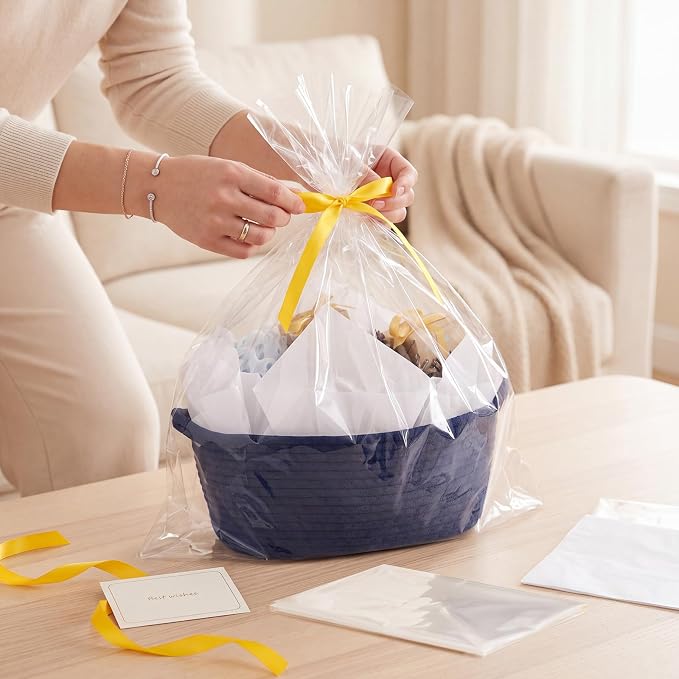 woric Navy Blue Baskets for Gifts Empty Small Woven Gift Basket | Blue Gift Basket for Baby Shower Storage Organizer Toys Presents ( 12"X 8" X 5" with Gift Bag Card Ribbon Tissue Paper)