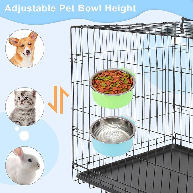 Crate Dog Bowl,Removable Stainless Steel Kennel Water Hanging Food & Water Feeder Crate Water Bowl No Spill for Puppy,Cat,Rabbit,Guinea Pig (Pink)