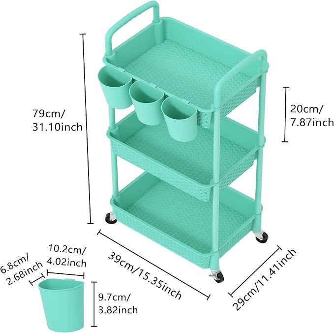 MOYIPIN 3-Tier Plastic Rolling Utility Cart with Handle,Turquoise | Utility Storage Cart for Office, Living Room, Kitchen,Movable Storage Organizer，Easy installation，Rattan-like art design