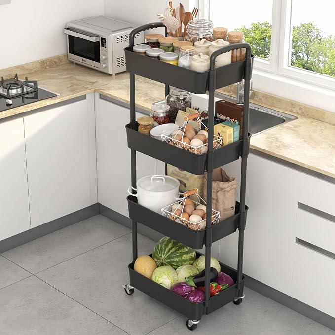 Sywhitta 4-Tier Plastic Rolling Utility Cart with Handle, Multi-Functional Storage Trolley for Office, Living Room, Kitchen, Movable Storage Organizer with Wheels, Black (Pack of 2)
