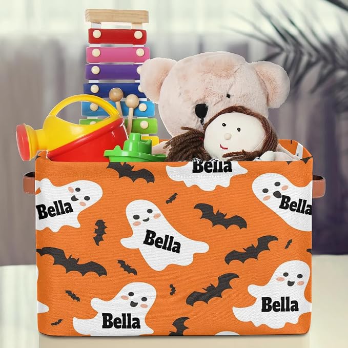 Personalized Storage Basket with Name, Halloween Ghost with Bat Orange Background Rectangle Toys Pet Dog Storage Bin with Handles for Baby, Boys, Girls, Collapsible Basket for Clothes, Books