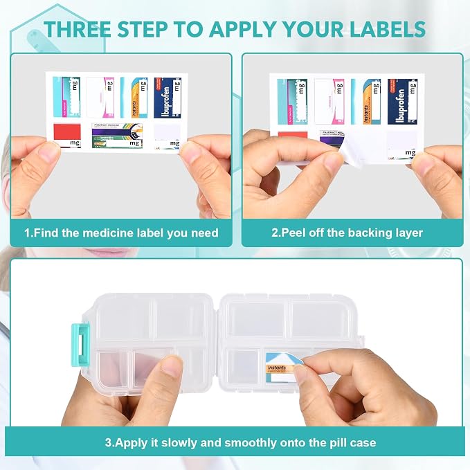 Pill Organizer Travel with 189 Medicine Labels, 10 Compartments Pill Container Travel Pill Box Purse Pill Case Compact Pill Organizer (White, 1 Pack)
