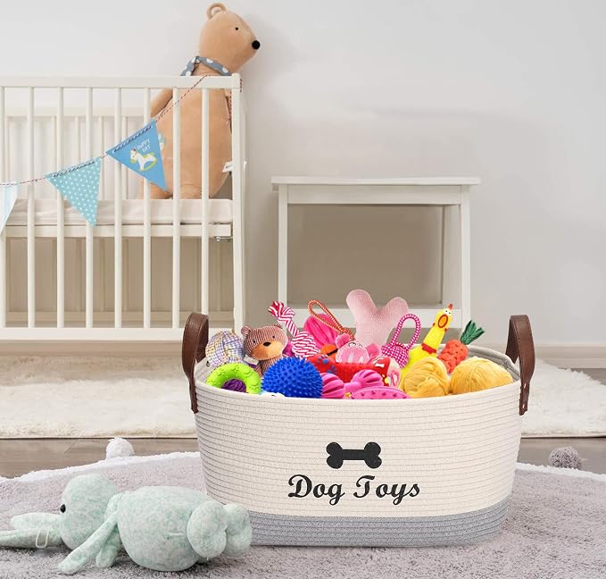 Large Cotton Dog Toy Basket, 16.5"x10.6"x7.5" - Perfect for Organizing Pet Toys, Blankets, Leashes, Coat & More - Beige Gray