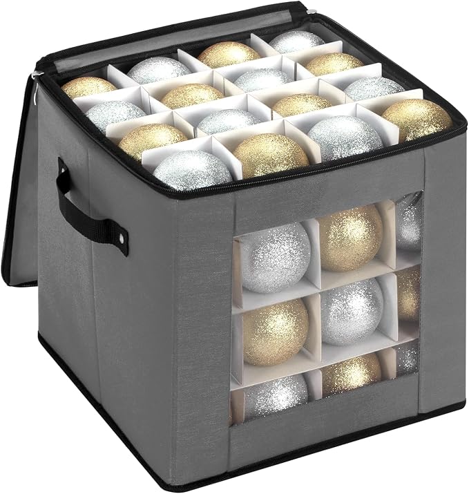 DIMESHY Christmas Ornament Storage Box Holds 64 Holiday Decorations,GRAY | Ornament Storage Container with Two Sturdy Carrying Handles,Adjustable Dividers,Holds Up to Christmas Ornaments by DIMESHY
