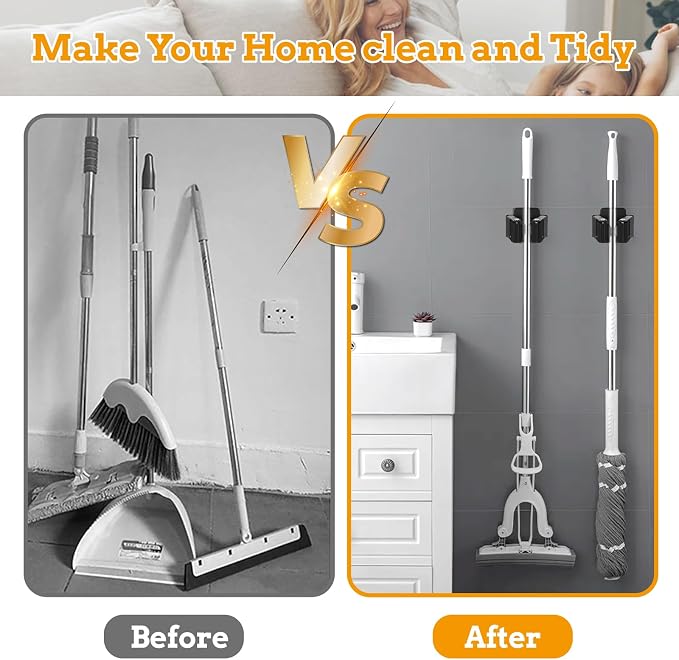 24 Pack Broom and Mop Holder Wall Mount, Hanging Clamp Clip Hanger Utility Rack, Heavy Duty Stainless Steel Adjustable Clamp Organizer with Screws for Garage, Home, Garden Tools, Black