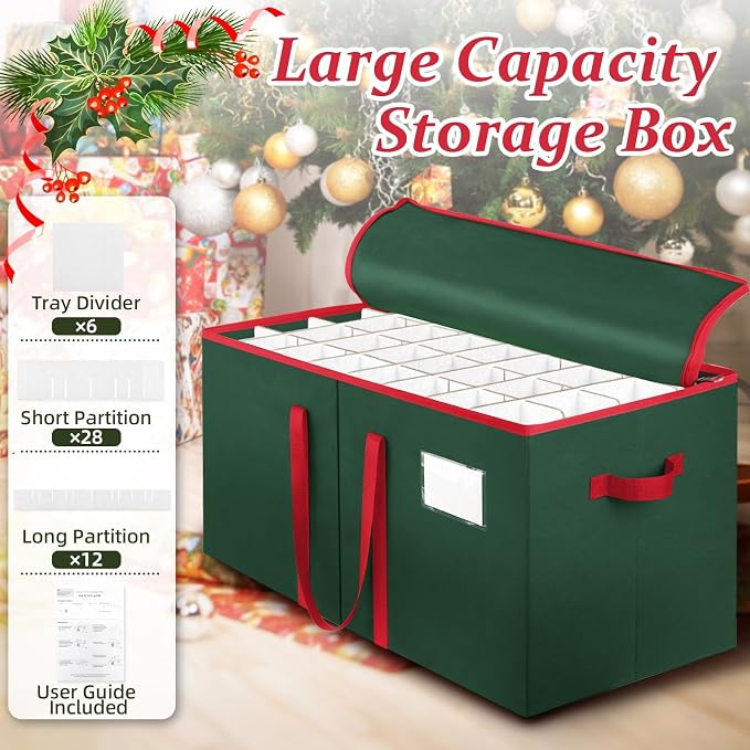 SeasonBliss Christmas Ornament Storage Box, Large Holds 128 Balls, Green | Christmas Decoration Organizer, Sturdy Storage Bin, Adjustable Dividers, Holiday Ornaments Protection, With Zippers Handles