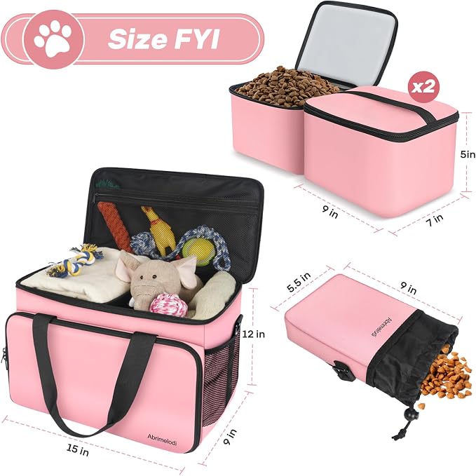 6 Set Dog Travel Bag, Large Pet Travel Kit for Supplies, Pink | Includes 2 Food Containers, 1 Pet Organizer for Dogs, 2 Collapsible Bowls, 1 Treat Pouch, Dog Weekend Overnight Bag Luggage