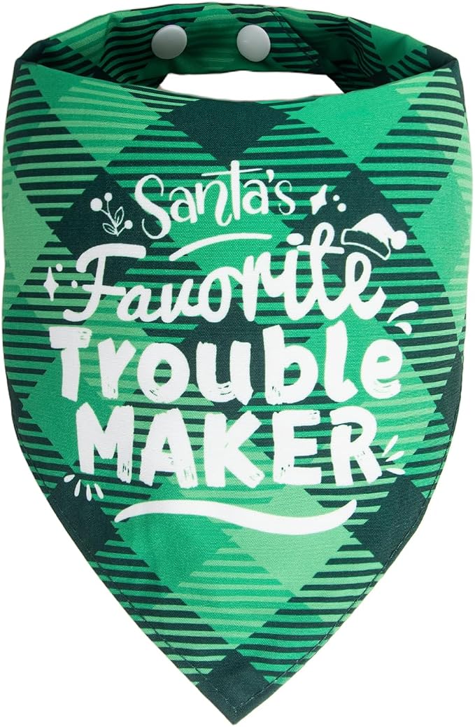 Christmas Dog Bandanas - Santa's Favorite Trouble Maker, Naughty & Nice List Print Pet Holiday Scarf Costume Gift, Green Plaid, Small & Medium Breed, 5-25lbs