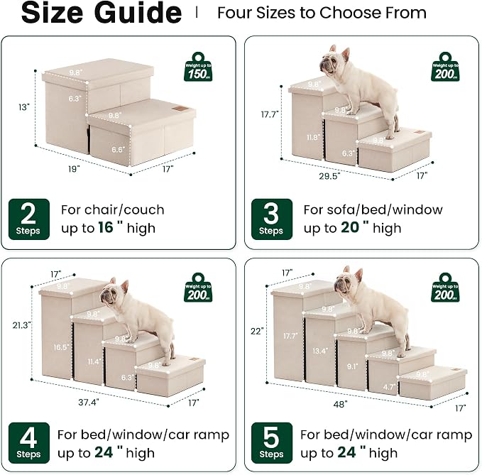 Love's cabin Dog Stairs for High Bed, Foldable Pet Stairs for Small Medium or Large Dogs Puppy with Storage for Bed or Couch, Cat Dog Steps Ramp with Zip up to 200 lbs, Beige, 2 Steps
